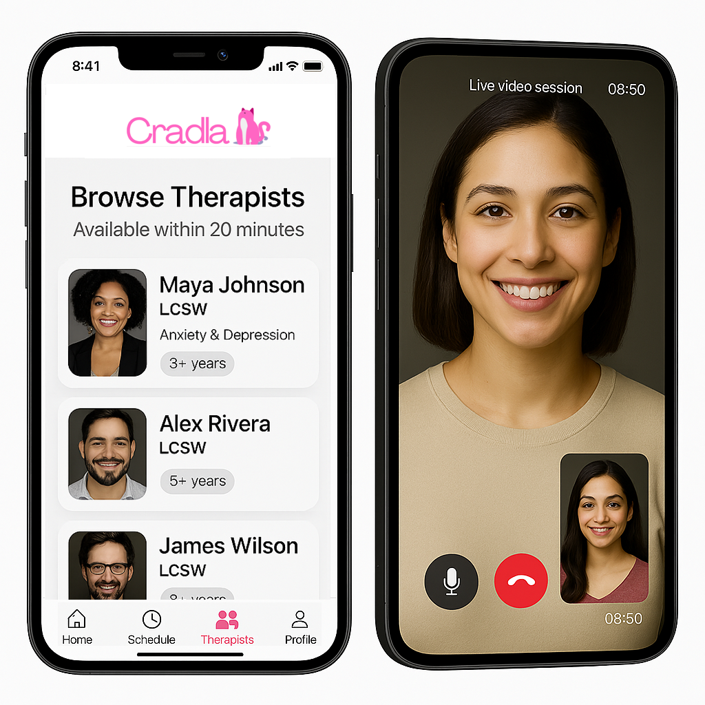 Cradla app interface showing therapist selection